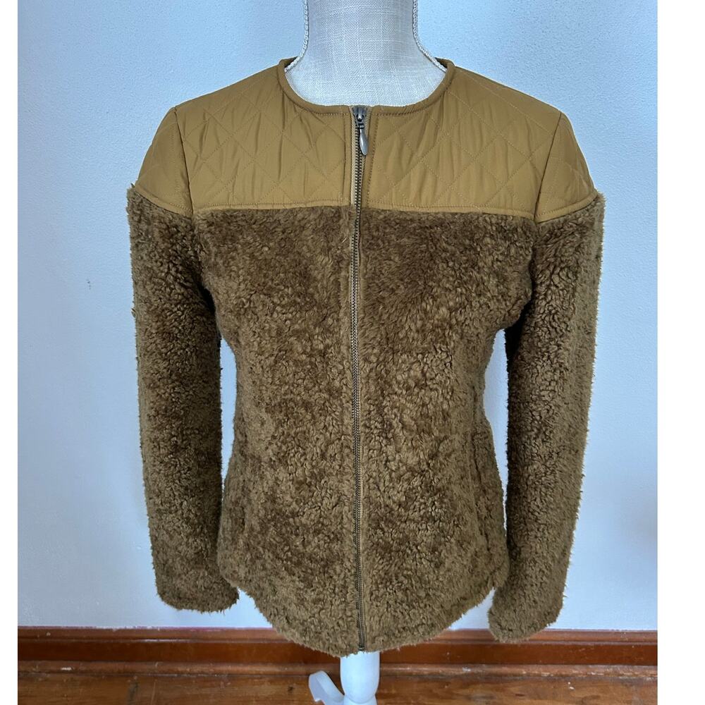 prAna Women's Good Lux Sherpa Quilted Jacket Small Tan Brown Full Zip Fleece